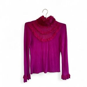Y2K Hot Pink Ruffle Lace Top with Genuine Fur Collar – Cable & Gauge – Size M